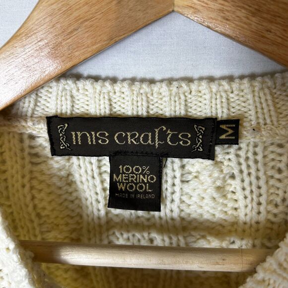 Vintage Inis Crafts Ivory Cable Knit Merino Crewneck Fisherman Sweater Size M - Picture 4 of 9